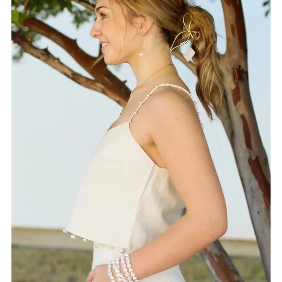 Pearl Details Cropped Top Beige Linen Straps Medium - Picture 3 of 10